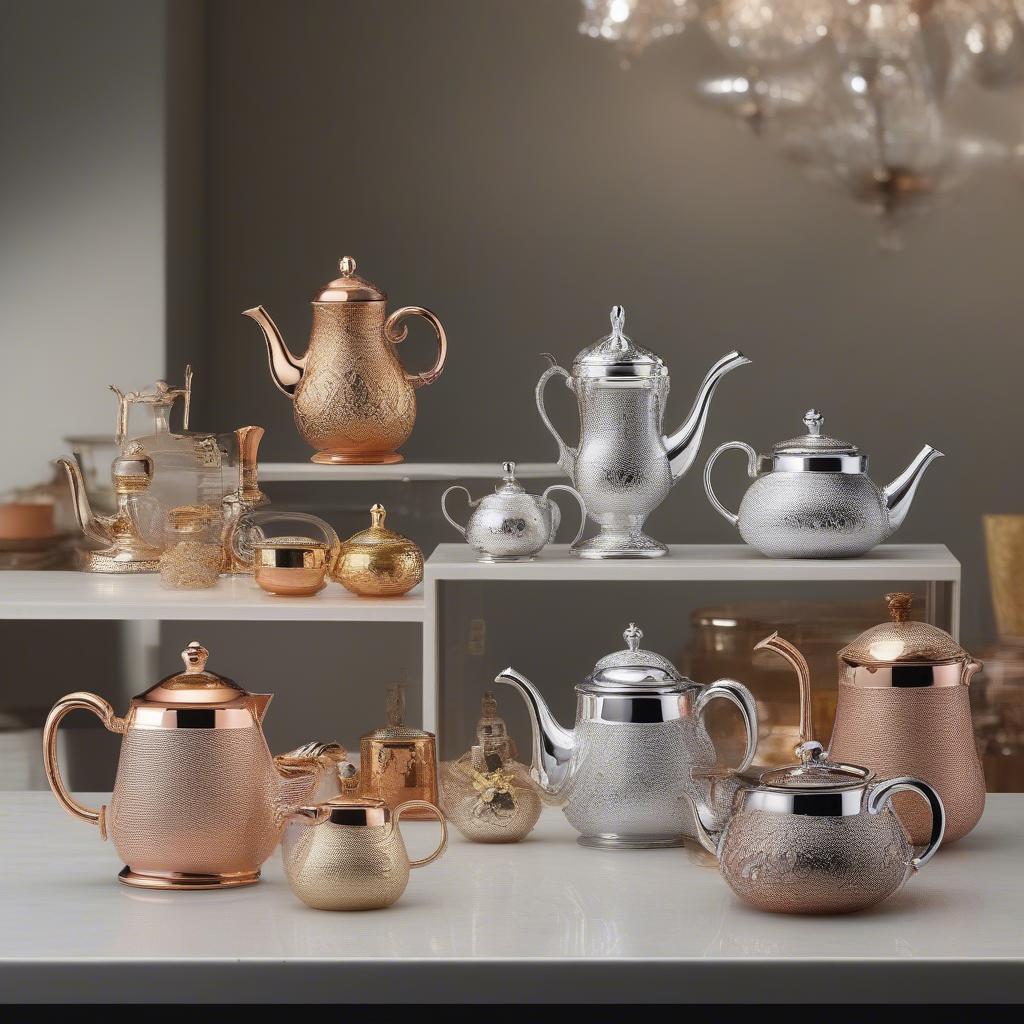 Variety of i Godinger teapots in different styles and finishes.