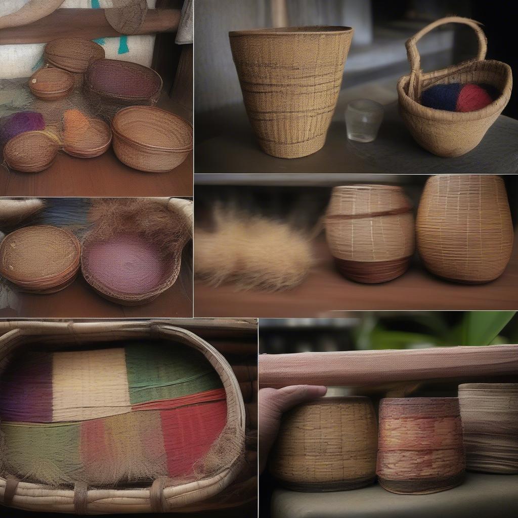 Various materials used in Ifugao basket weaving, including rattan, nito vine, and natural dyes.