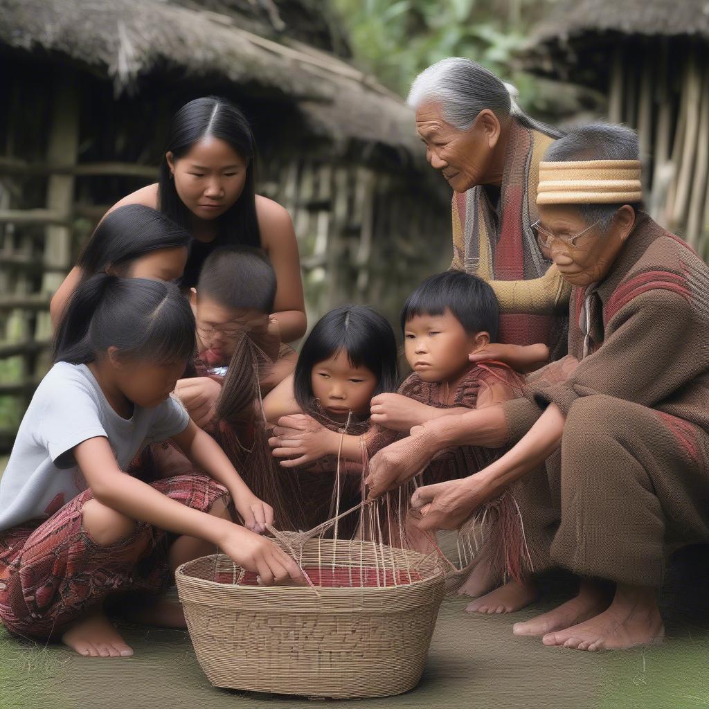 A group of young Ifugao people learning the art of basket weaving from an elder.