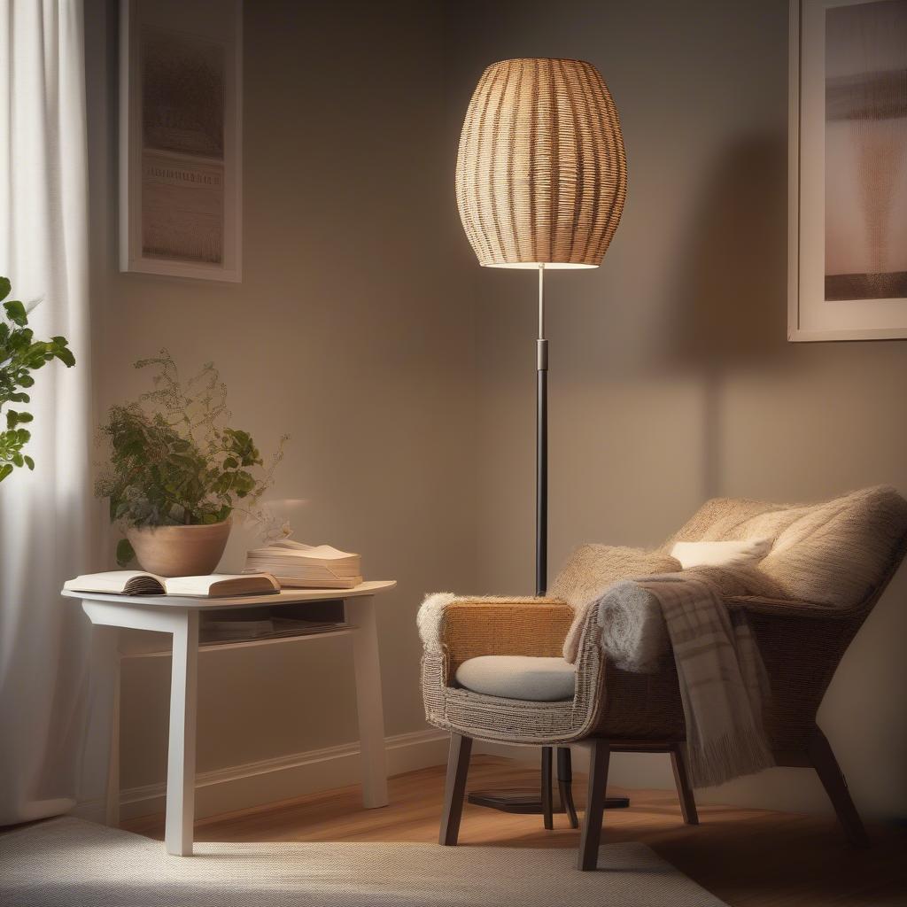 Ikea basket weave floor lamp in a reading corner