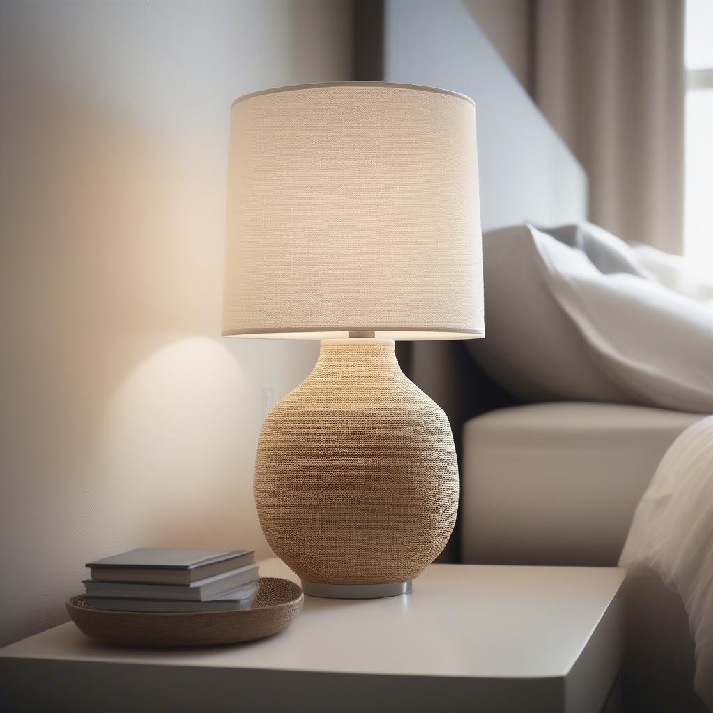 Ikea basket weave table lamp in a bedroom setting