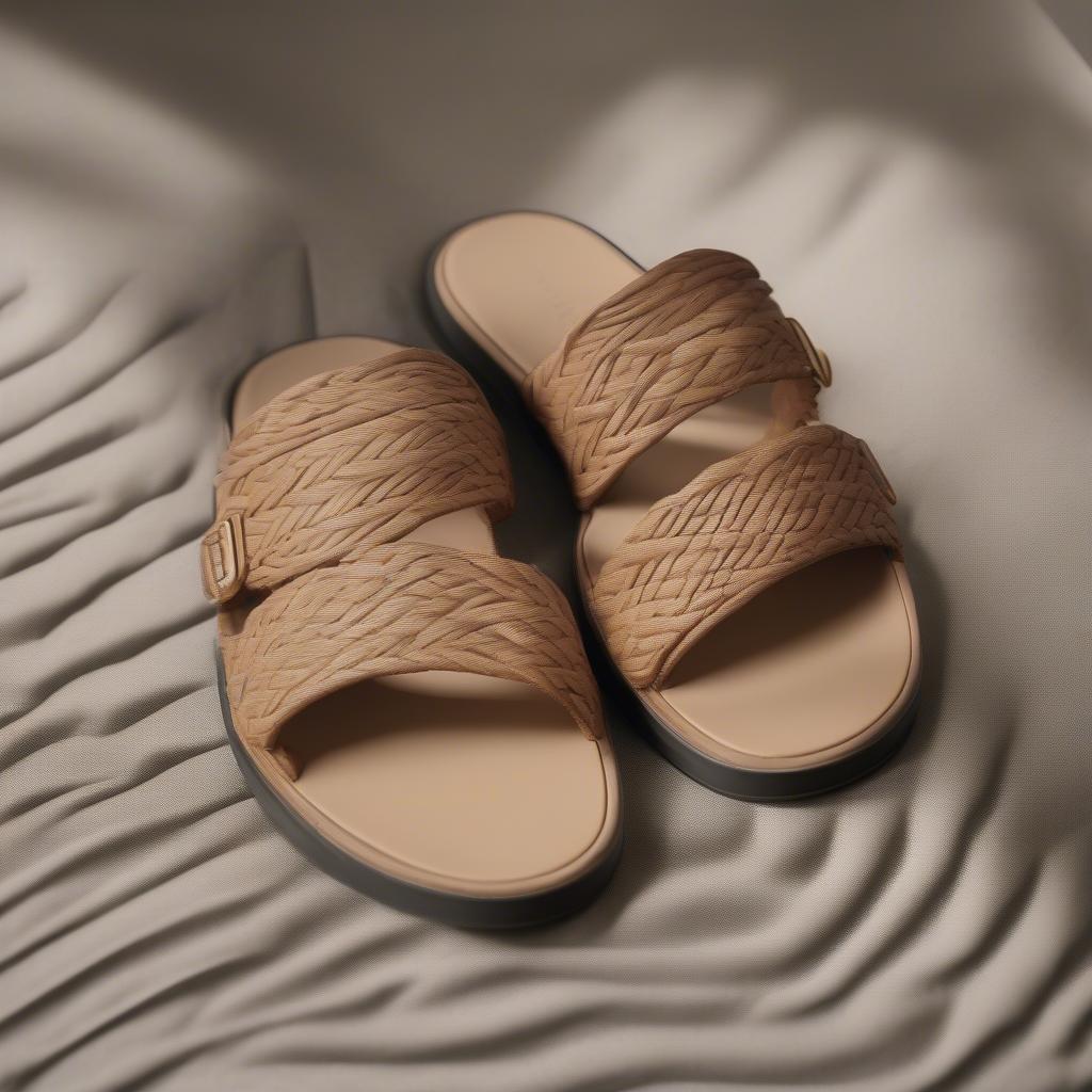 Close-up of Imogen Basket-Weave Raf Slides showcasing the intricate weave and high-quality materials