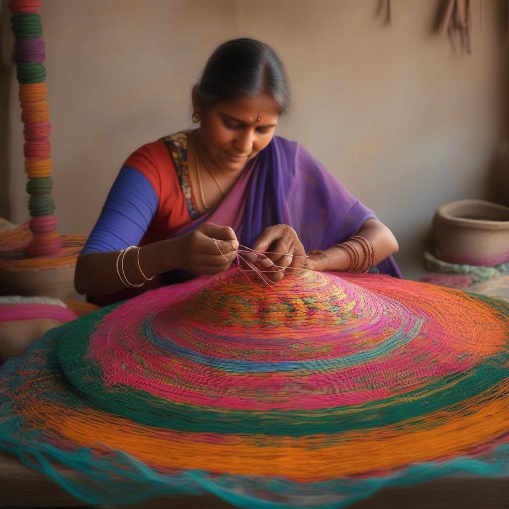 Indian Artisan Weaving a Sari Ribbon Basket