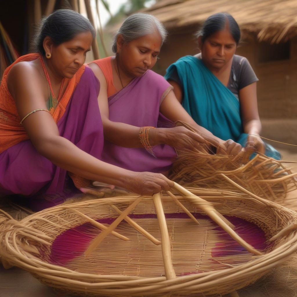 Indian artisans skillfully weaving baskets