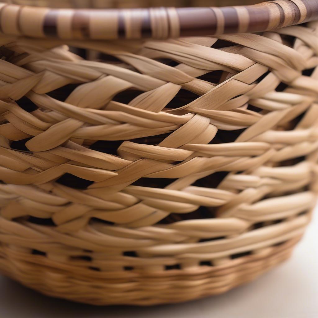 Close-up view of an intricately woven Indian swing handle basket, showcasing the detailed craftsmanship and natural materials.