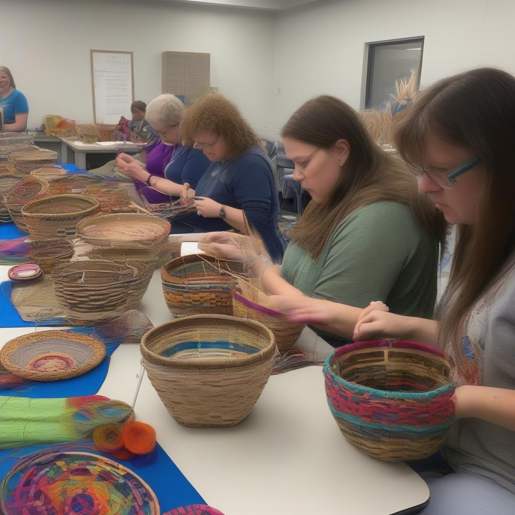 Intermediate basket weaving workshop in Indianapolis, showcasing students working on more complex projects.