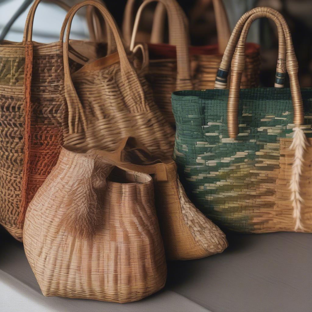 Indonesian woven bags crafted from natural fibers like rattan, bamboo, and pandan leaves