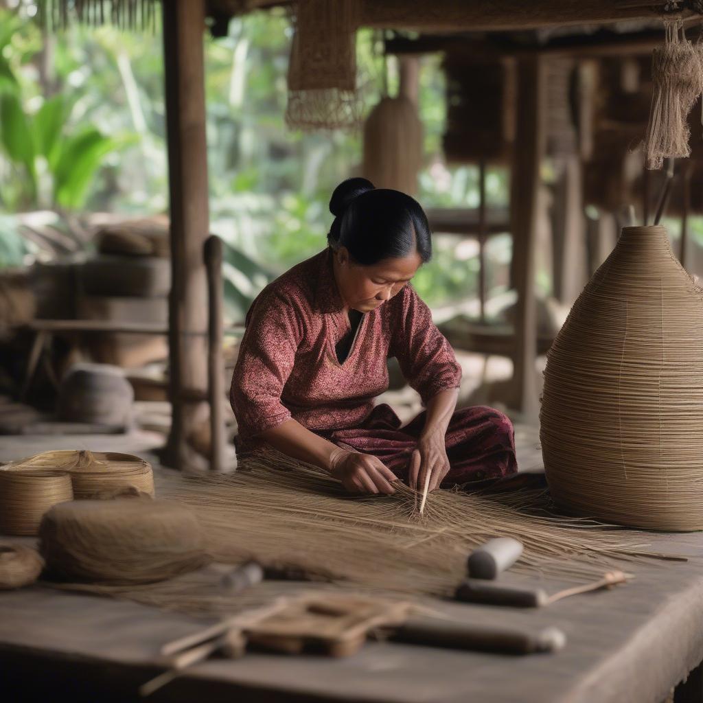 The process of crafting a woven bag in a traditional Indonesian workshop.