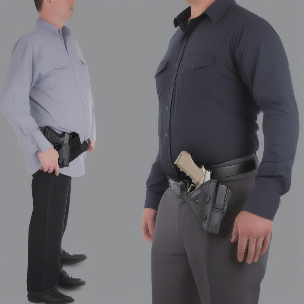 Comparison of inside-the-waistband (IWB) and outside-the-waistband (OWB) holsters, illustrating their placement and concealment levels.