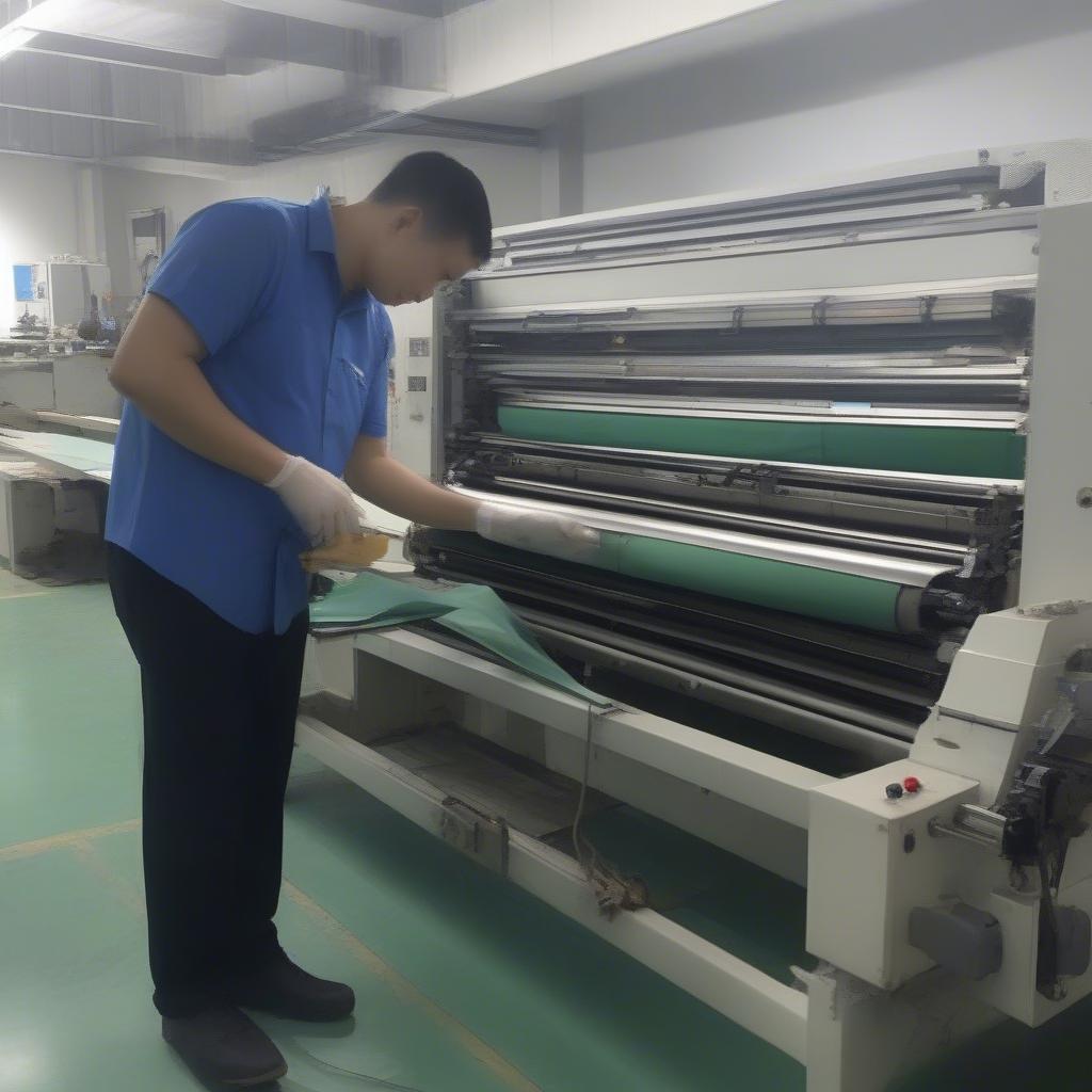 A technician inspecting the key components of a used non-woven bag making machine