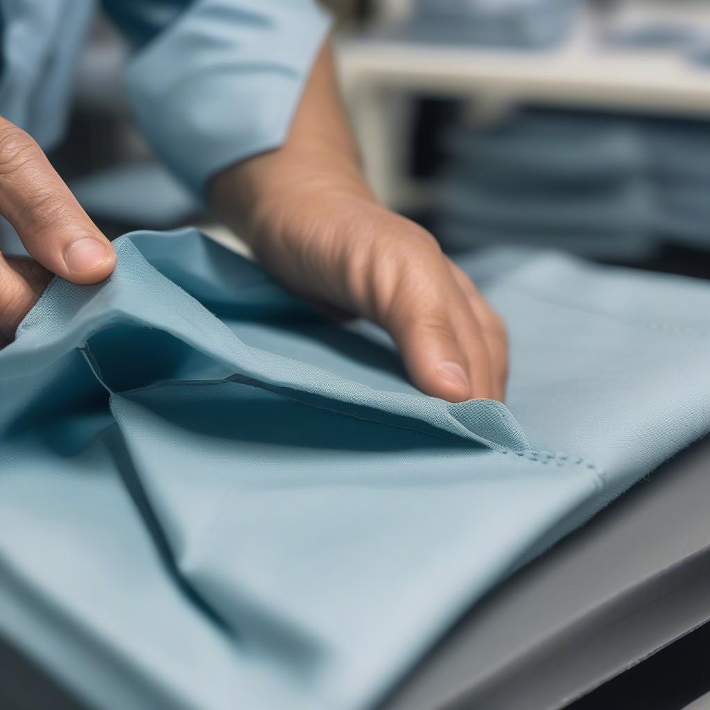 A close-up of a hand inspecting the stitching and material quality of a custom non-woven bag.