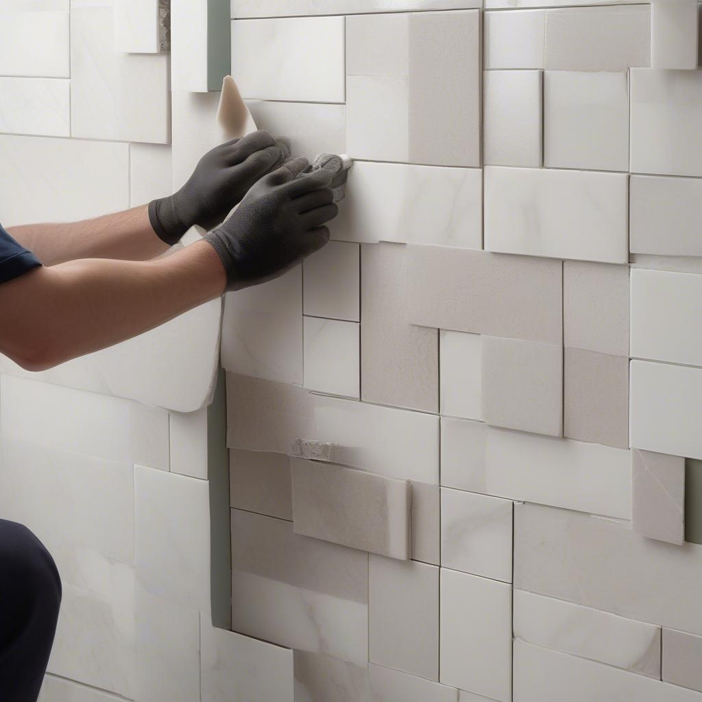 A professional installing basket weave marble tile on a kitchen backsplash.