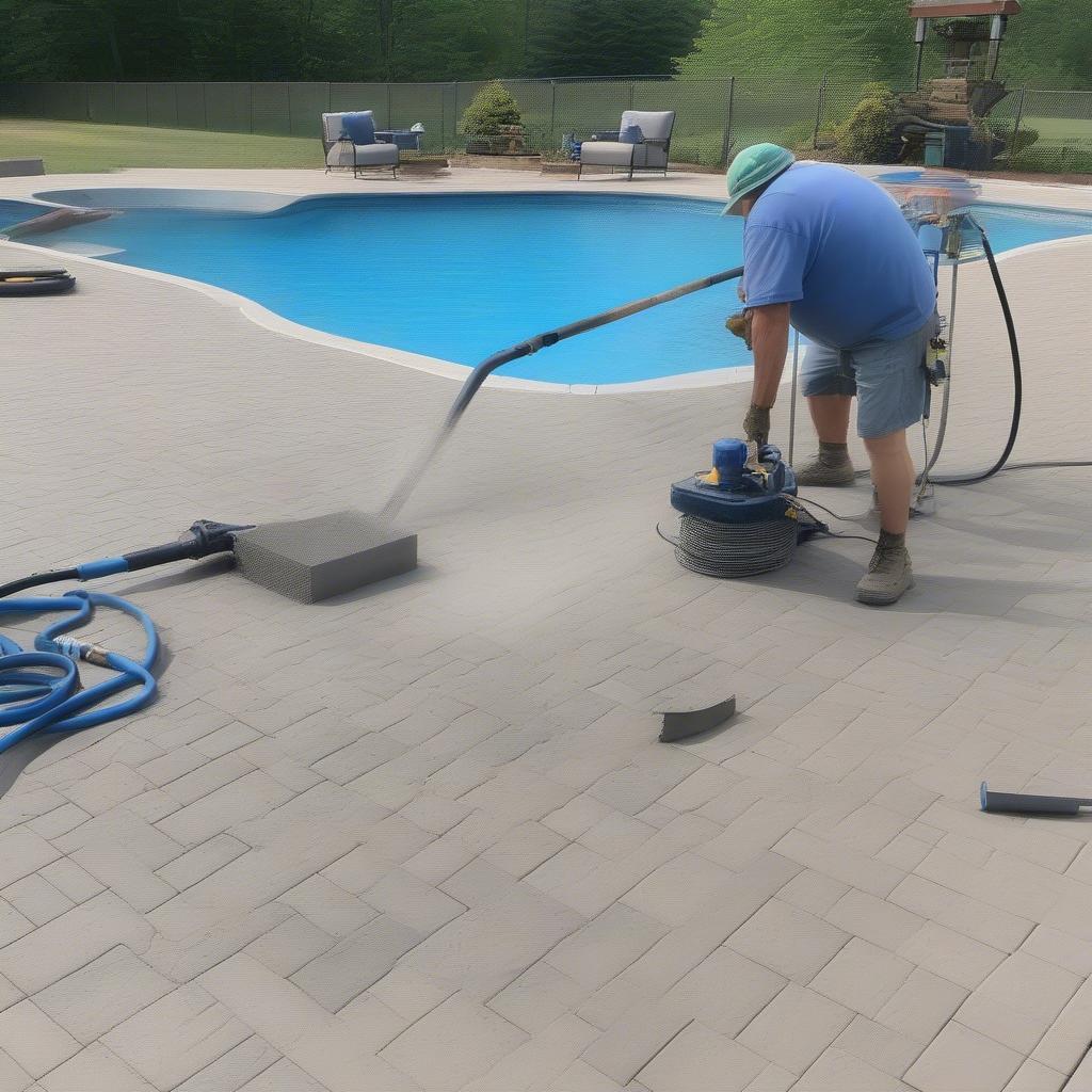 Installing basket weave pavers around a pool.