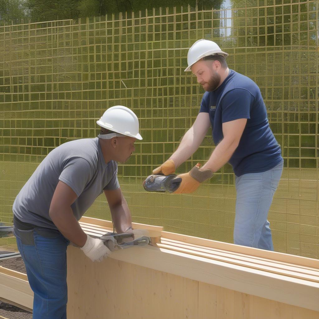 Workers installing basket weave vinyl fence panels, highlighting the installation process