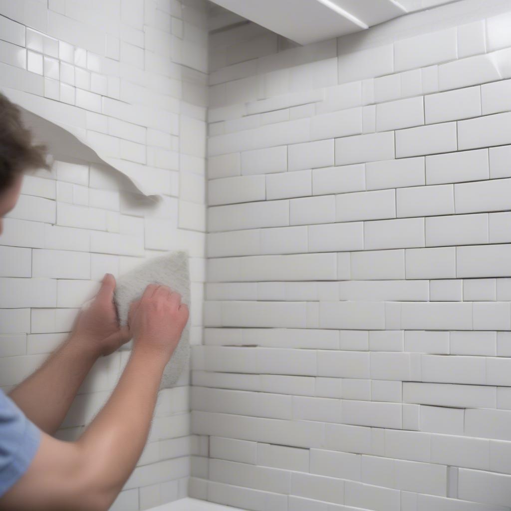 Installing basket weave subway tiles on a bathroom wall