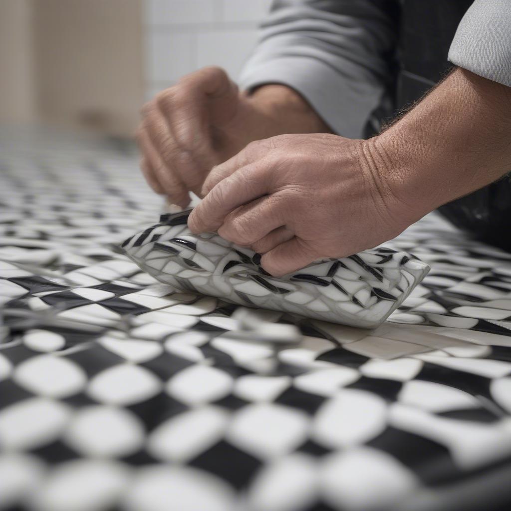 A professional installing black and white basket weave porcelain mosaic tile