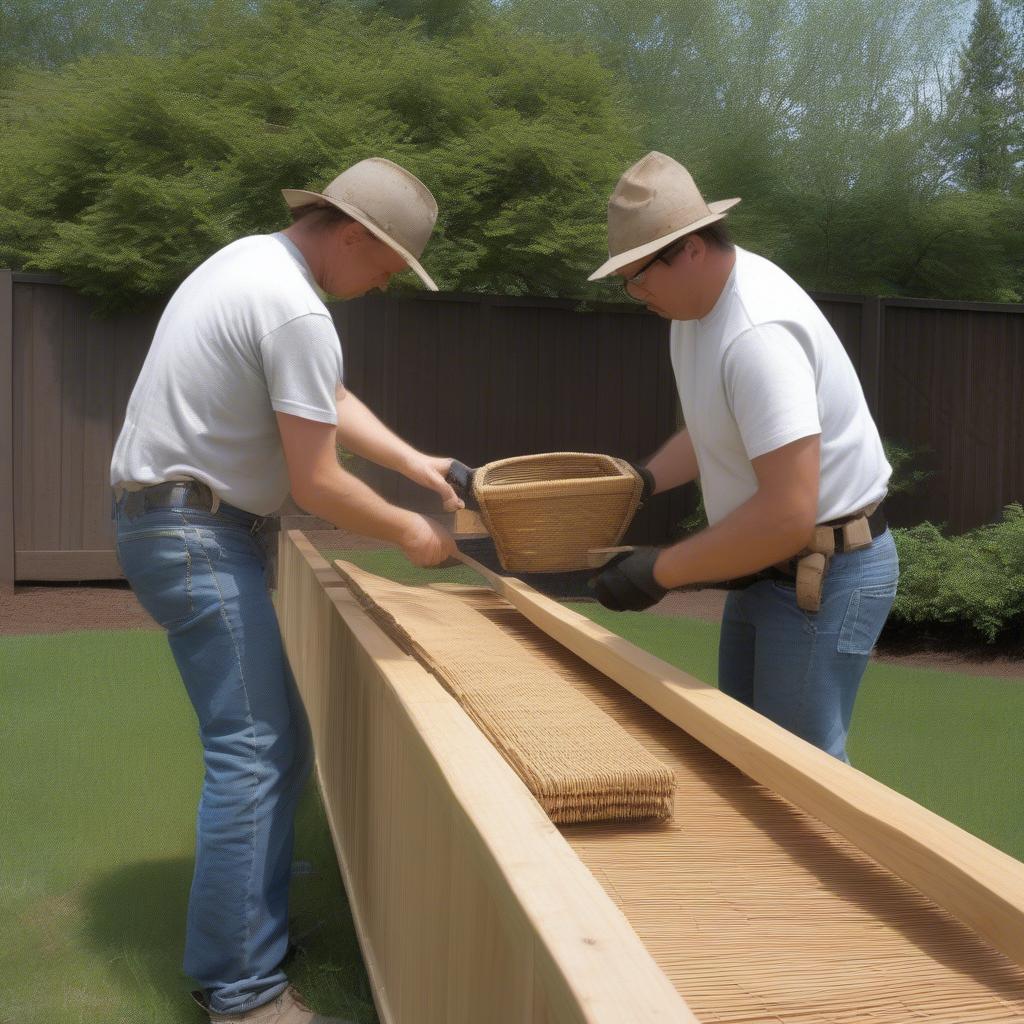 Workers installing a cedar basket weave fence, showing the process of weaving the cedar boards together.