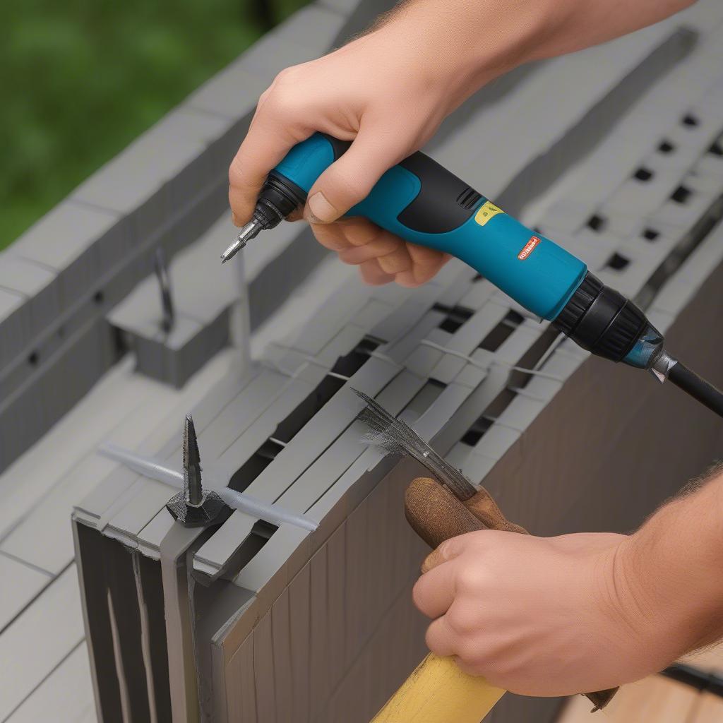 A person installing a composite basket weave fence panel using tools.