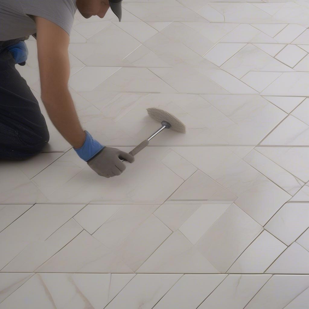 Professional installation of marble-look porcelain basketweave tile