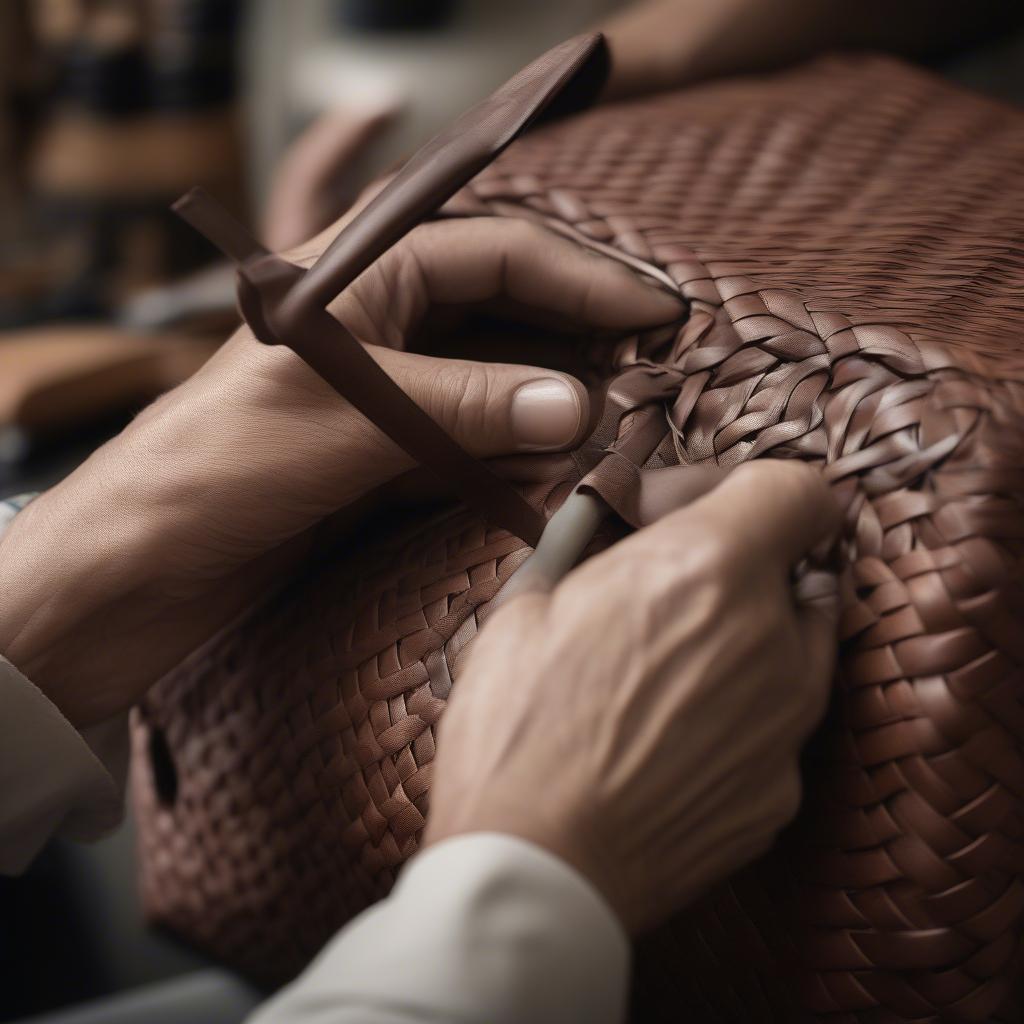 Close-up of the Intrecciato Weaving Process on a Bottega Veneta Nodini Bag