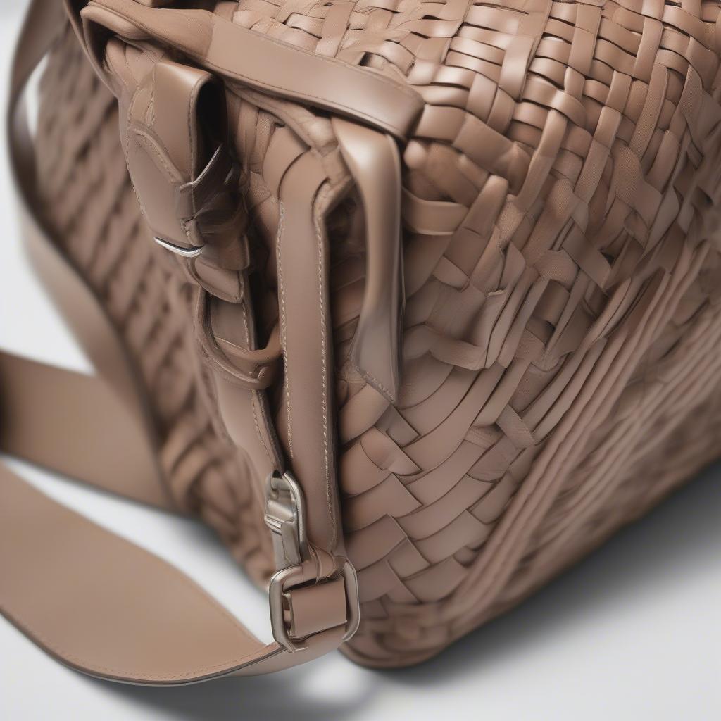 Close-up view of an intrecciato woven messenger bag showcasing the intricate leather weave and high-quality hardware