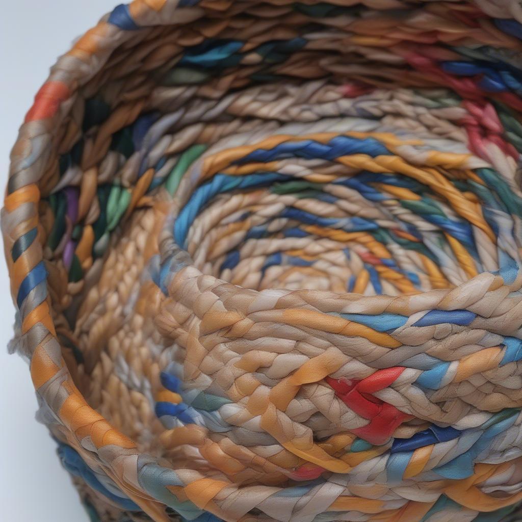 A finely crafted basket woven from recycled plastic bags, demonstrating advanced weaving techniques and artistic skill.