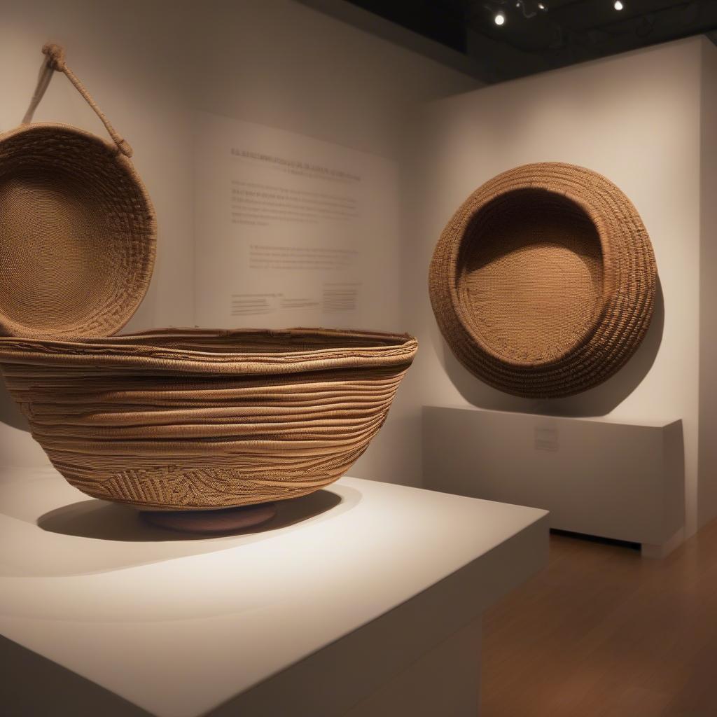 Intricate woven basket on display in a museum