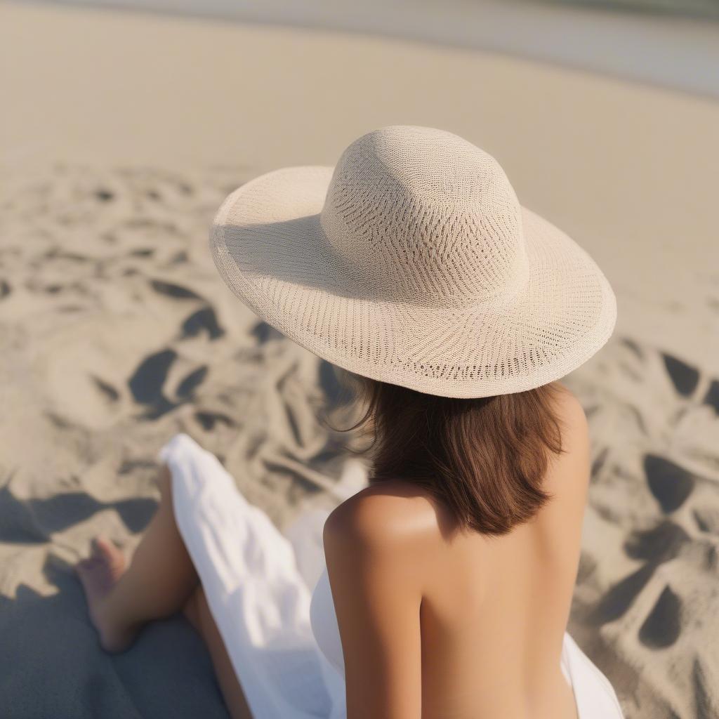 Woman Wearing a J Crew Open Weave Sun Hat on the Beach