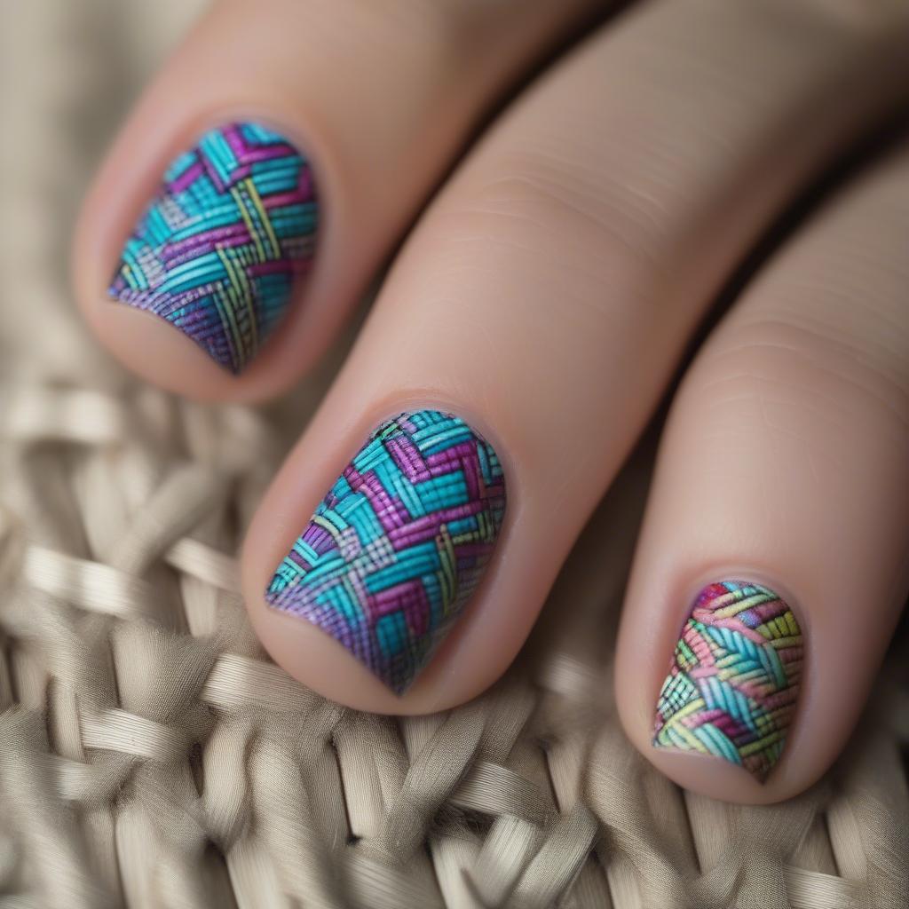 Close-up of nails with jamberry basket weave design