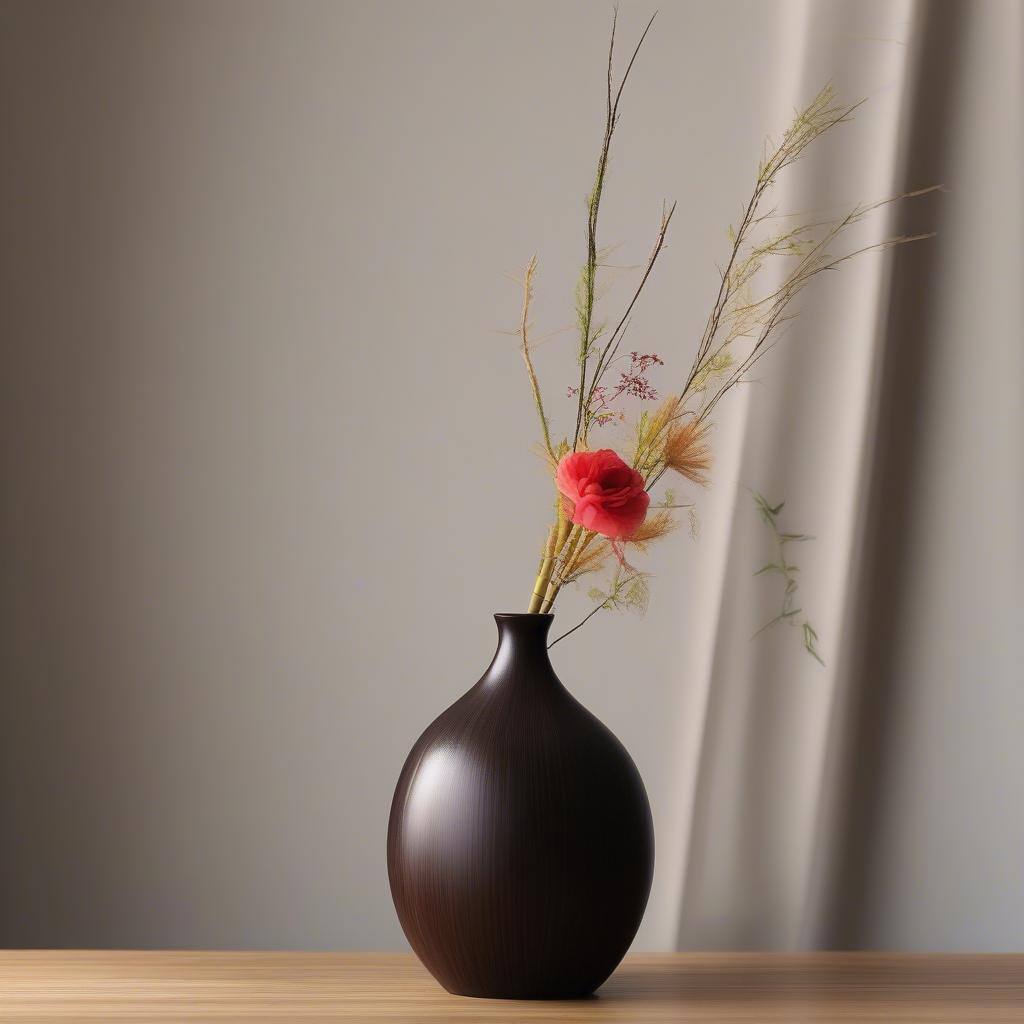 Japanese bamboo flower vase with a traditional ikebana arrangement