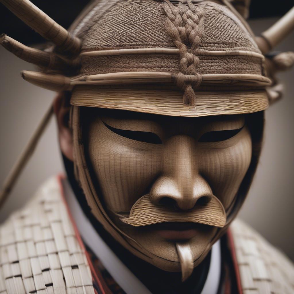 A close-up of a Japanese samurai wearing a basket weave mask, showcasing the intricate details of the weave and the mask's design.