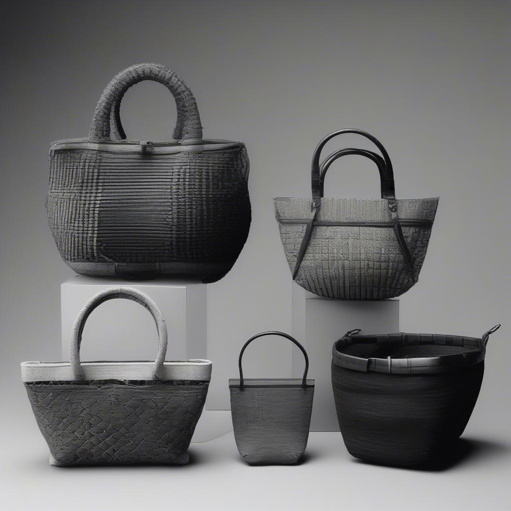 A vintage photo showcasing different styles of traditional Japanese woven bags.