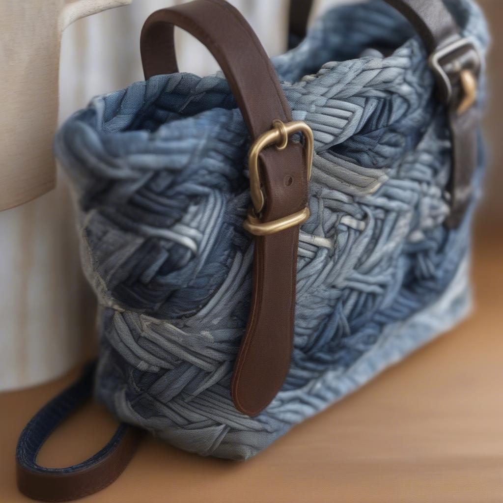 Close up of a jean weaved basket purse showing intricate detail and craftsmanship.