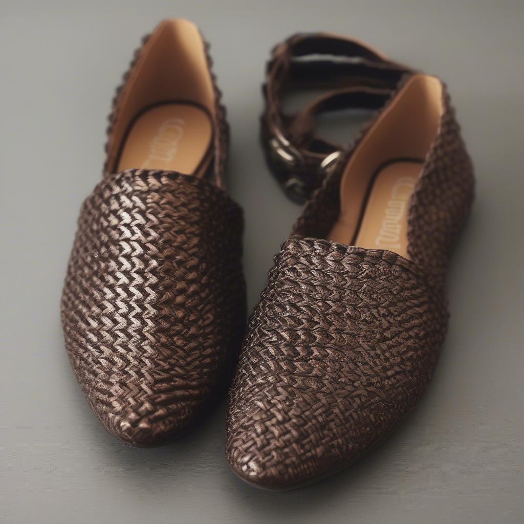 Different styles of Jeffrey Campbell basket weave flats, showcasing variations in color, material, and embellishments.