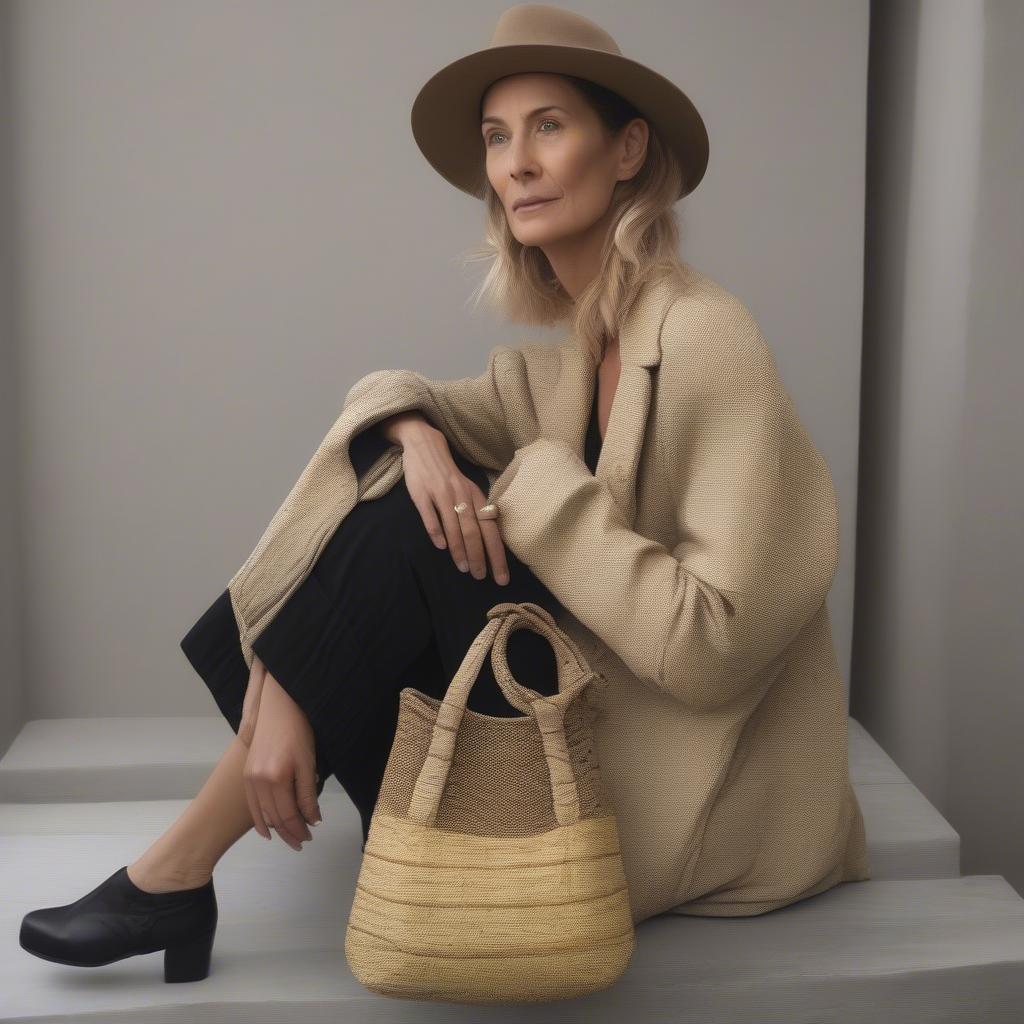 Jenny Walton styling her woven bag, showcasing its versatility and chic appeal.