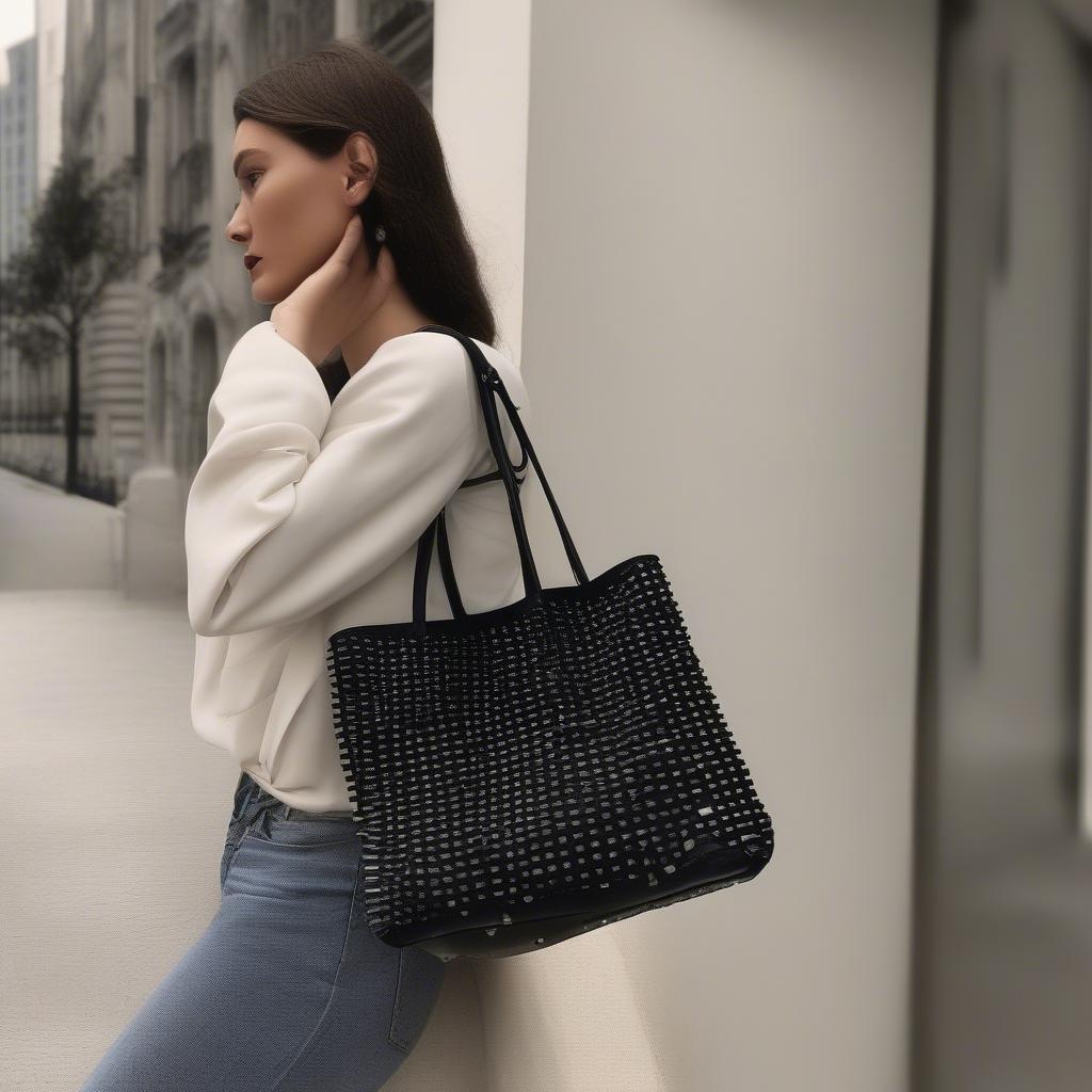 Jimmy Choo Maxine Woven Studded Tote Bag on a Model