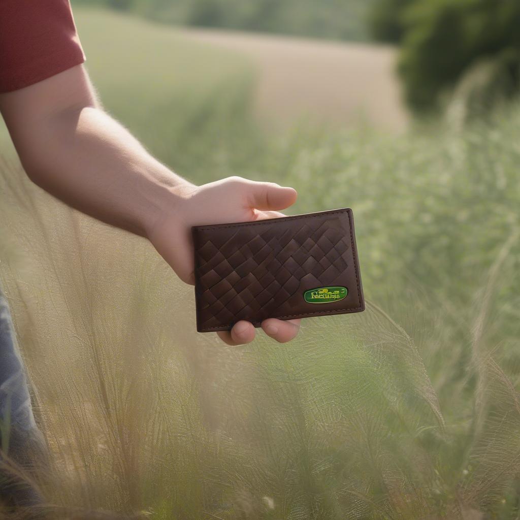 John Deere Basket Weave Wallet Held in Hand