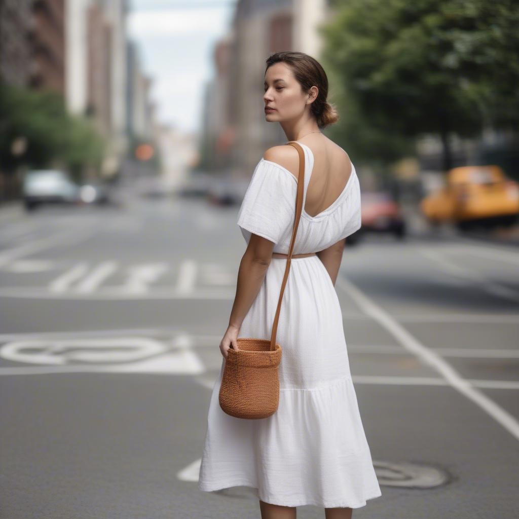 Julia woven cotton bucket bag street style inspiration