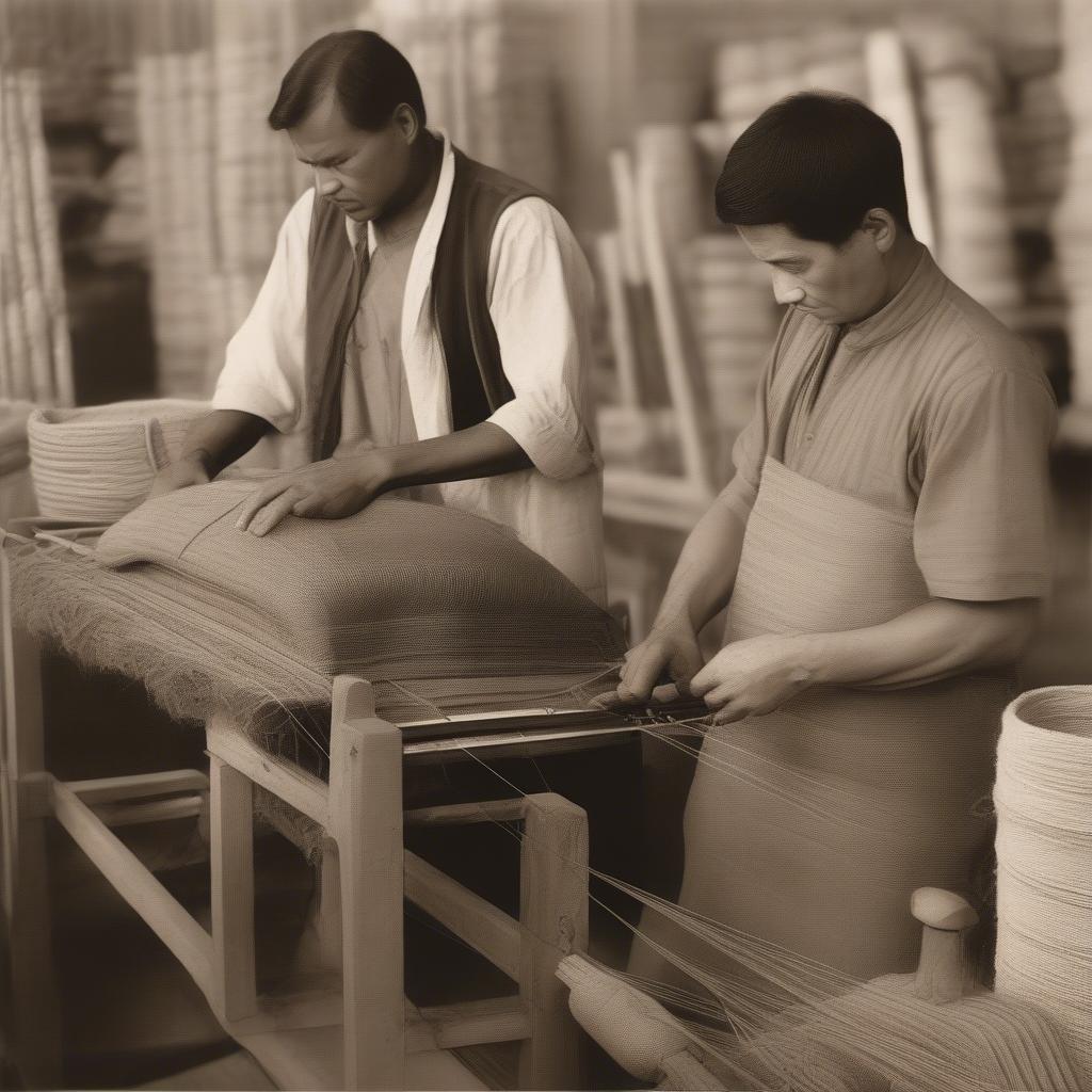 Benefits of Using a Jute Bag Weaving Machine: Image shows a comparison between manual weaving and machine weaving, highlighting increased production speed, consistent quality, and reduced labor costs.