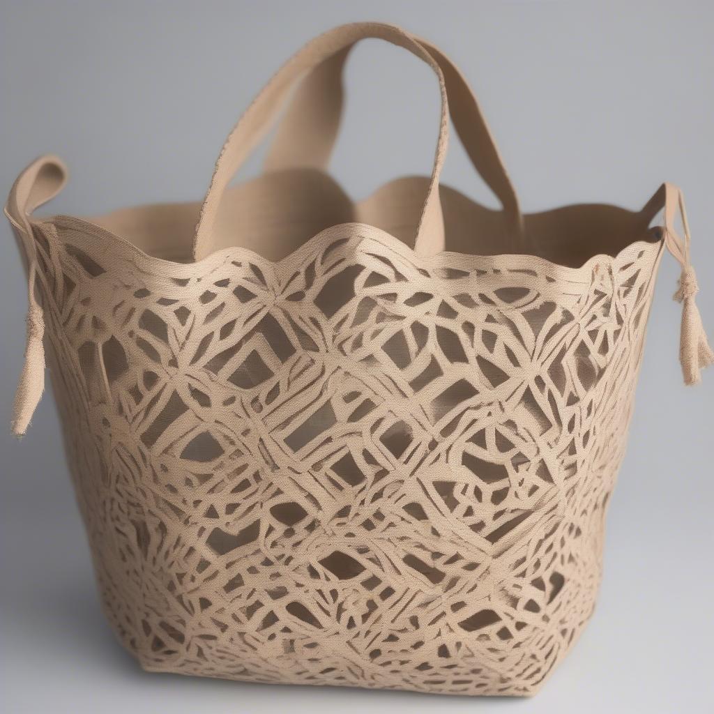 Close-up of a jute die cut bucket bag showcasing intricate weaving patterns