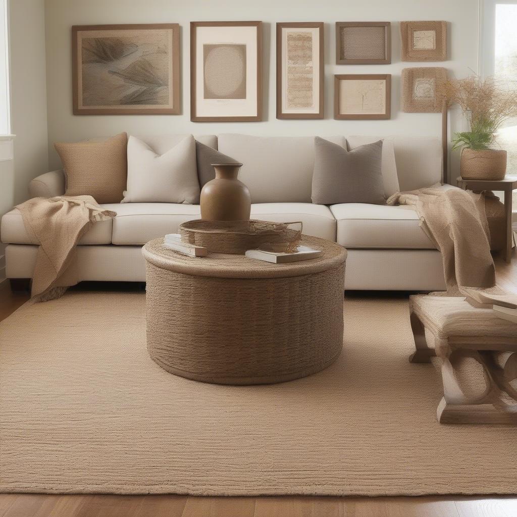 A basket weave jute rug placed in a living room setting, showcasing how it complements the surrounding furniture and decor.