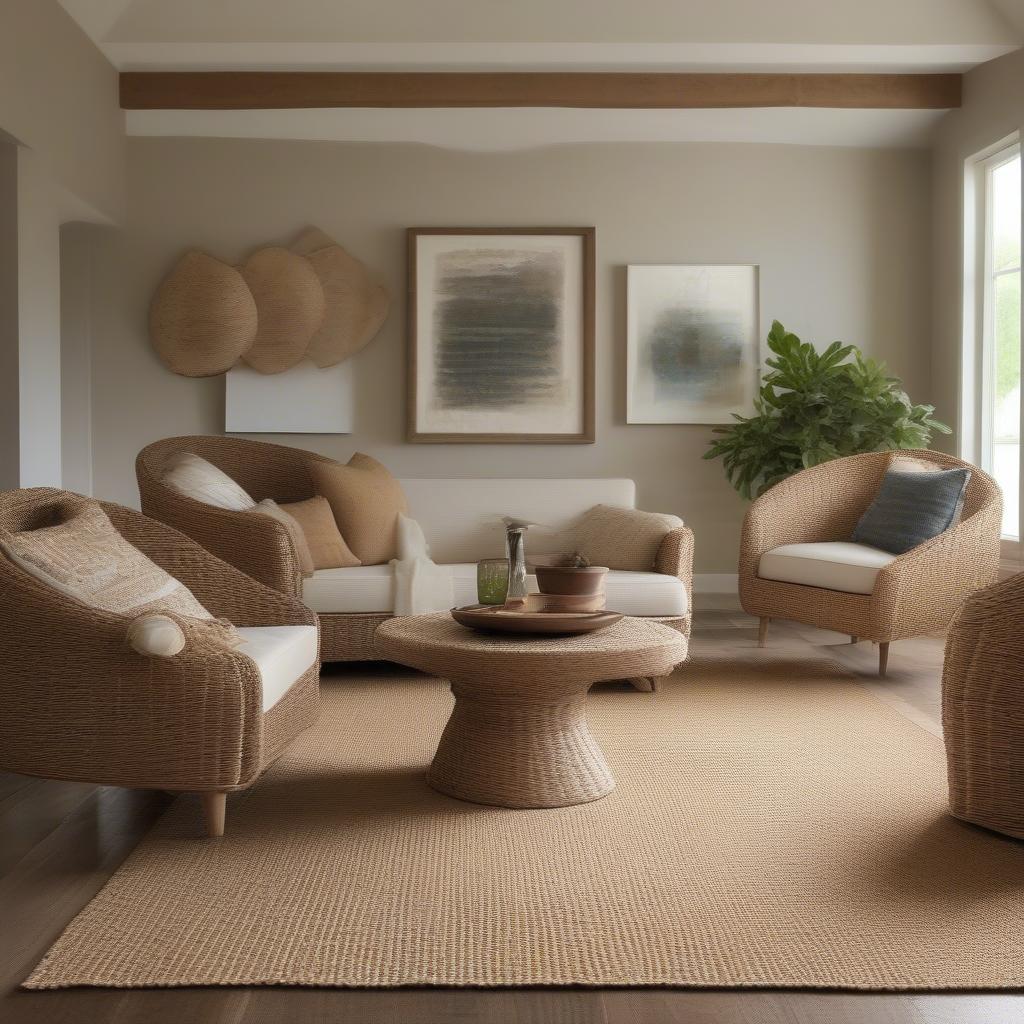 A woven jute rug placed in a living room setting, complementing the furniture and decor.