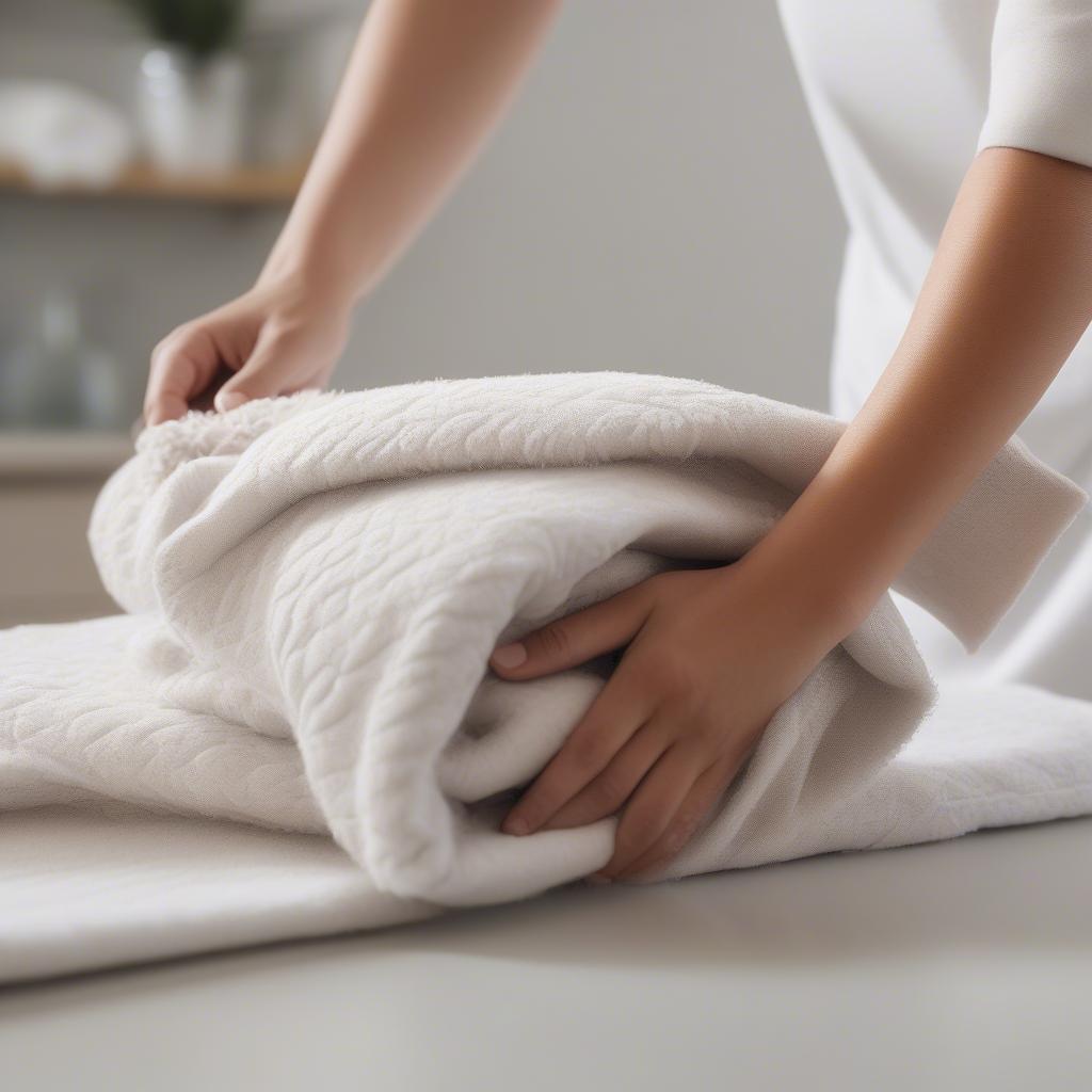 A person carefully folding a Kashwere throw after laundering, demonstrating the proper care techniques.