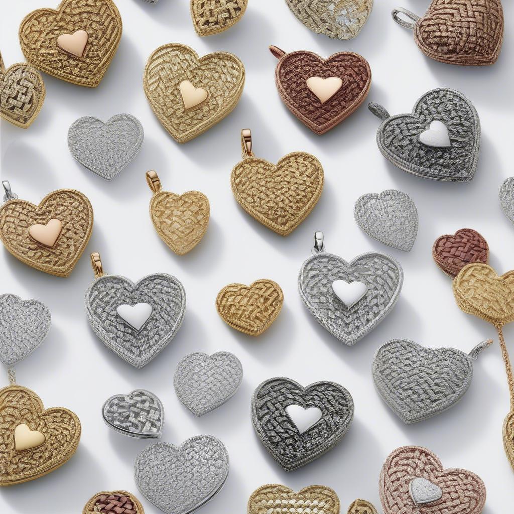 A display of Kay Jewelers Basket Weave Heart Necklaces in various metals, including sterling silver, gold, and white gold, showcasing the different style options available.