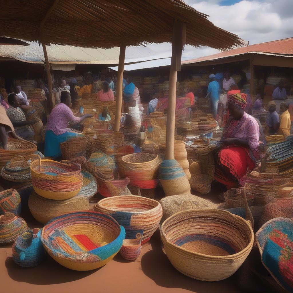 Vibrant Kenyan market showcasing a variety of handwoven baskets