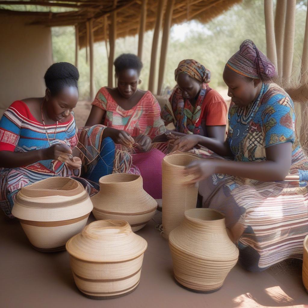 Kenyan women skillfully weaving intricate sisal baskets