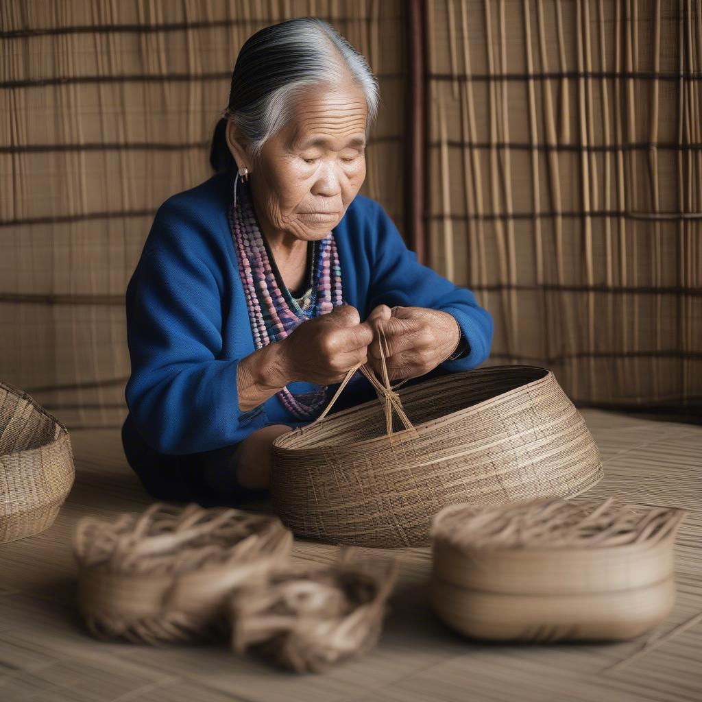 Traditional Khmu basket weaving techniques demonstrated by an elder.