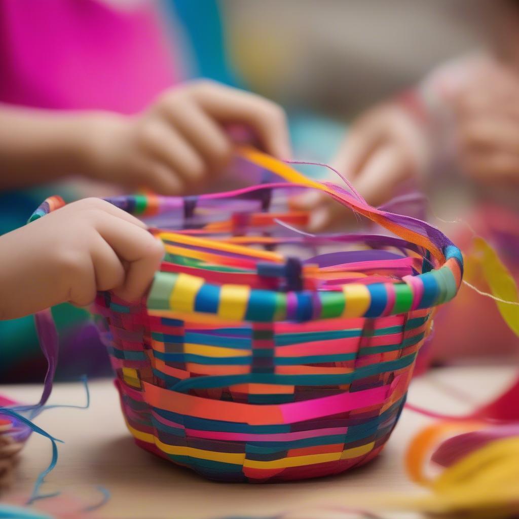 Child weaving a colorful paper basket