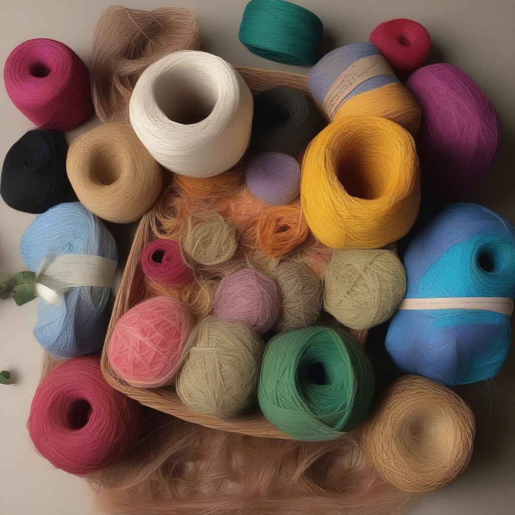 Kids' Basket Weaving Kit Materials: A variety of materials including yarn, raffia, and paper displayed with a finished woven basket.