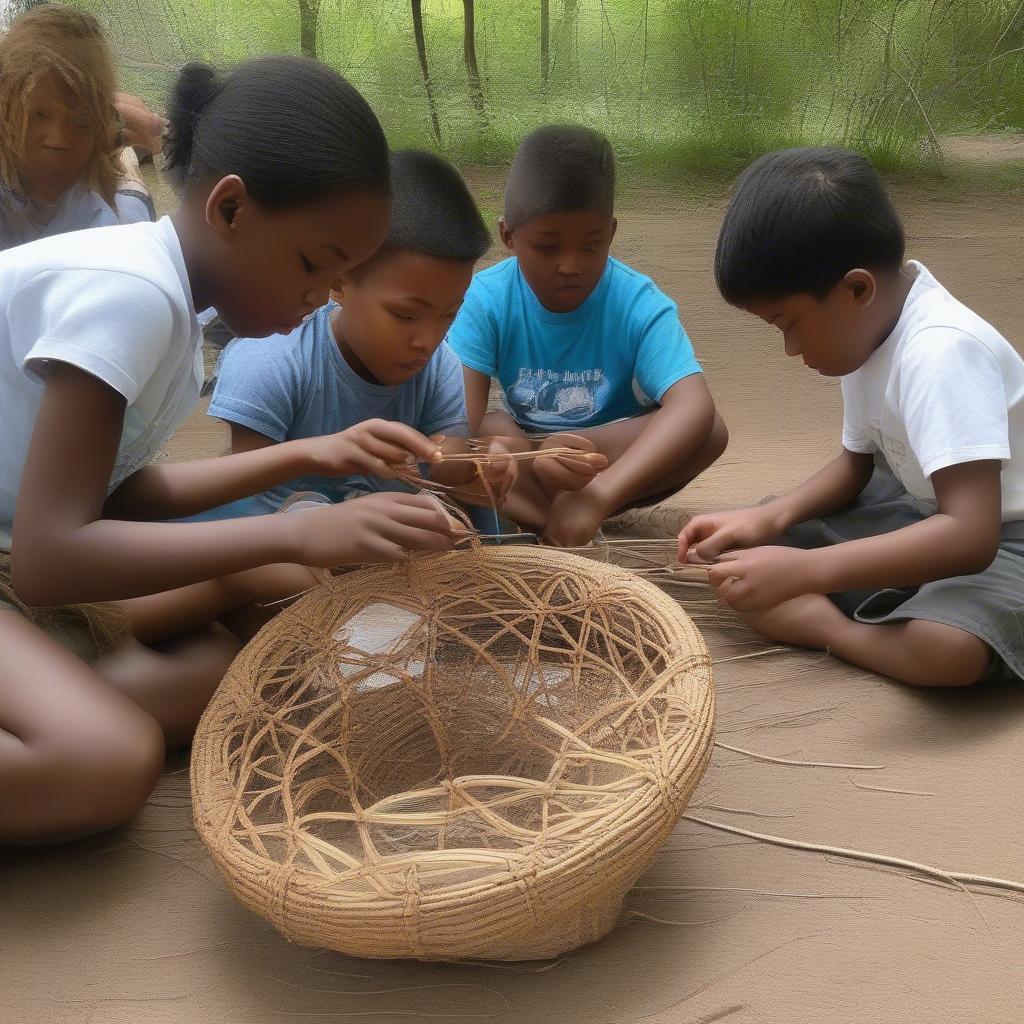 Kids creating intricate basket designs